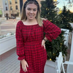 Elegant Red Plaid Long Sleeve Dress